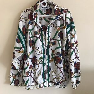 VINTAGE 90s Zip Up Windbreaker Tassel Crown Multicolor Print Sz Medium Oversized